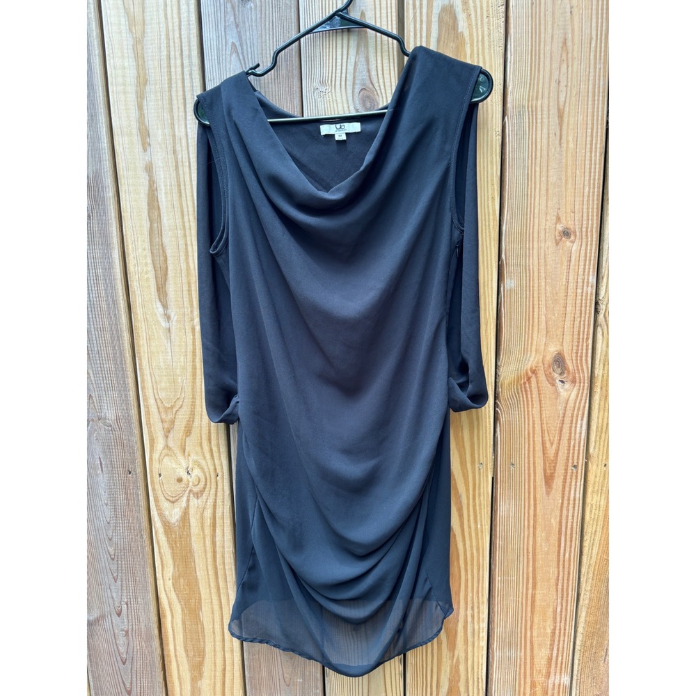UB‎ Black Silk Blend Draped Cowl Neck Dress Cape Back Cocktail Mini M